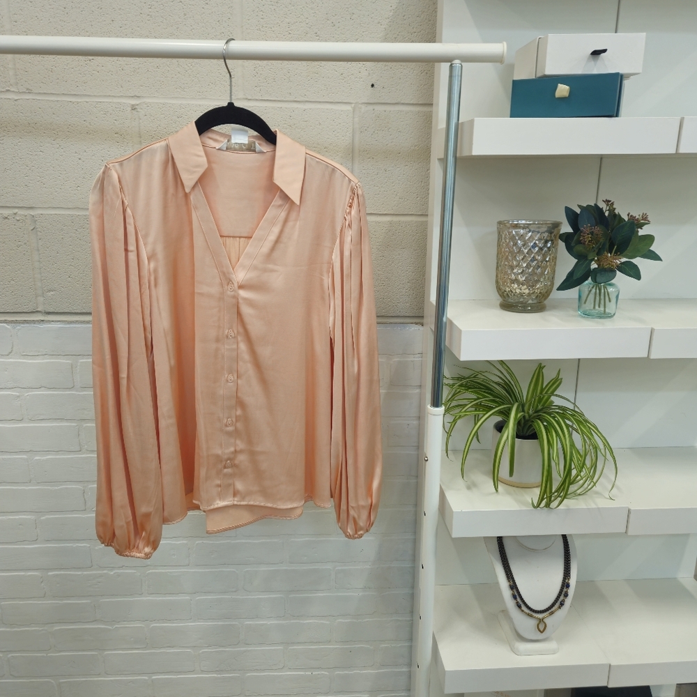 Peach Satin V Neck Collared Blouse - Picture 2 of 12